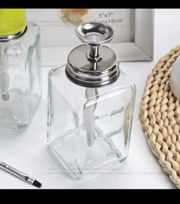 Glass Pressure Bottle Empty Pump Dispenser For Nail Polish Alcohol Makeup Remover Clear Refillable Bottle Liquid Cleanser Storage 180ML