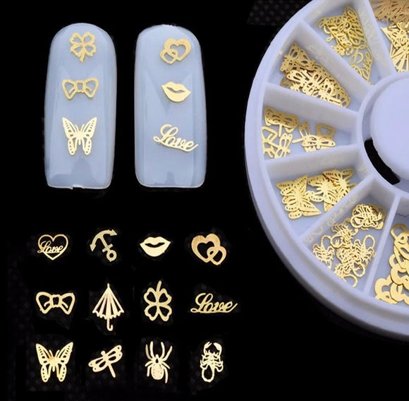 New 3d Gold Metal Nail Art Sticker Decoration Wheel Butterfly Lips Design Tiny Slice DIY Nail Accessories 1 box